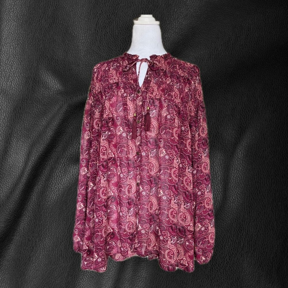 Knox Rose Boho-Chic Burgundy Paisley Smocked Blouse - XXL - Peasant, Prairie
